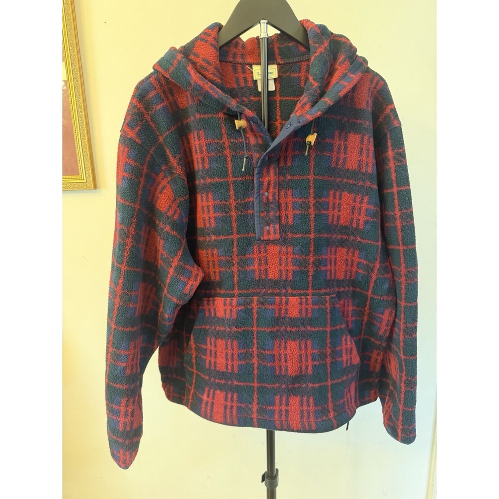 L.L. Bean Vintage Fleece Hoodie Mens Burgundy/Blue Snap Pullover W/Front Pocket